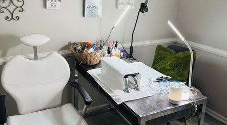 Manicure setup at The Nail Groomer Hands & Foot Care in Duluth, Georgia, US. Includes tools and a welcoming chair.