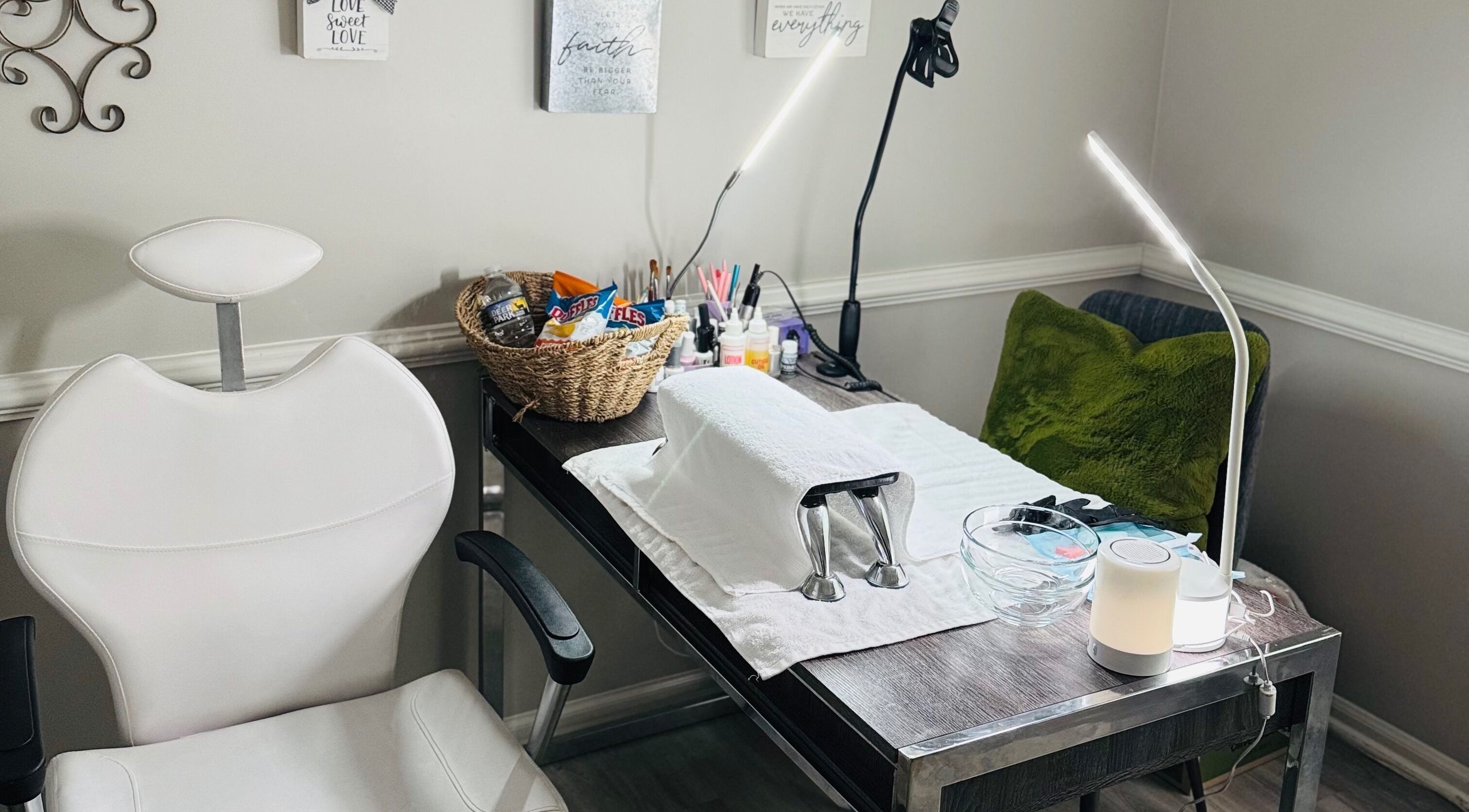 Manicure setup at The Nail Groomer Hands & Foot Care in Duluth, Georgia, US. Includes tools and a welcoming chair.