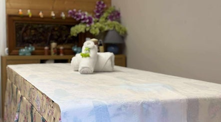 Serene massage table setup at Oak Barn Thai Massage in Lingfield, Newchapel, England, GB.