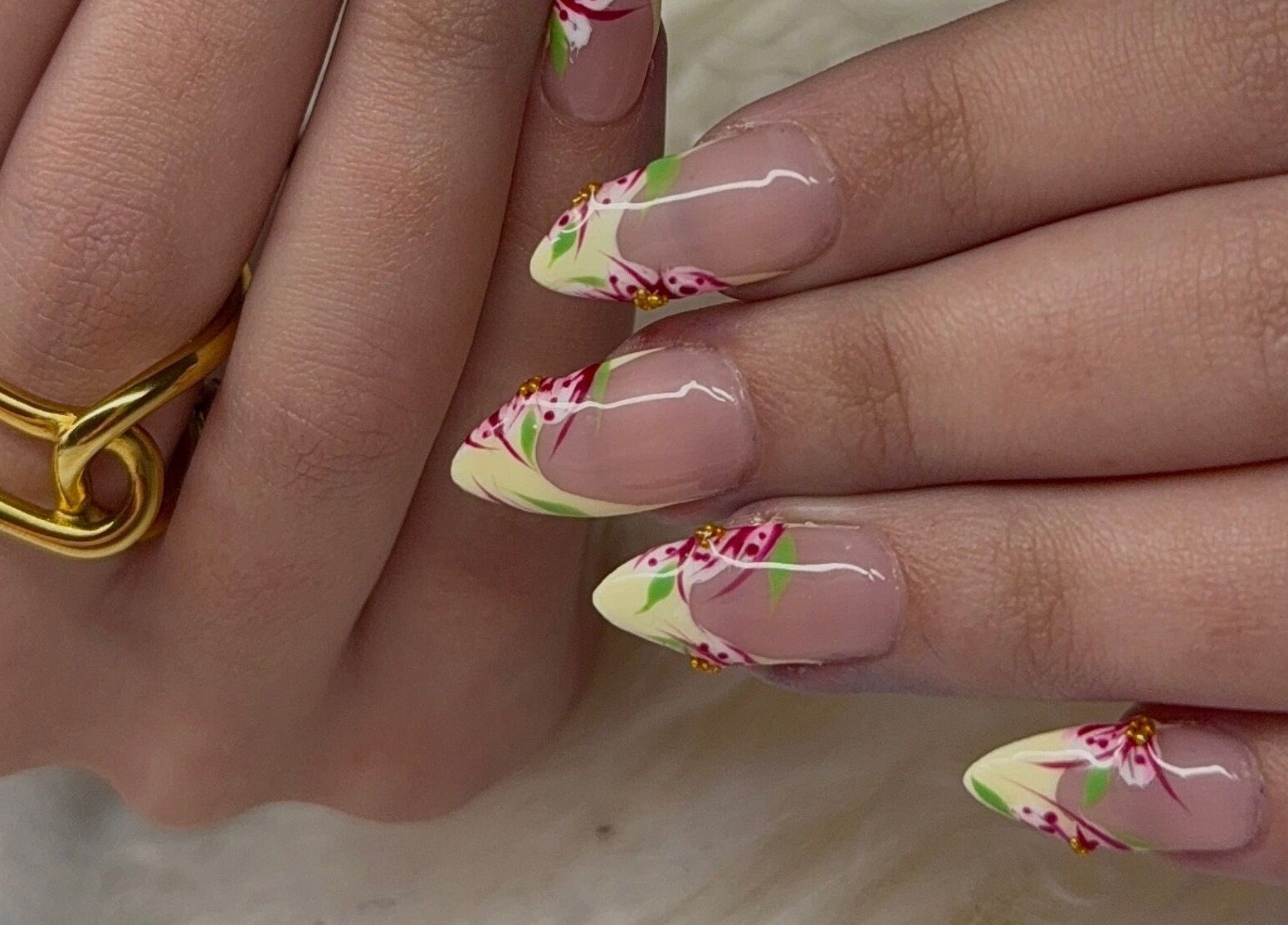 Floral nail art at Gloss Nails (Leila Tunno), Windsor Gardens, South Australia, AU. Intricate designs on manicured nails.