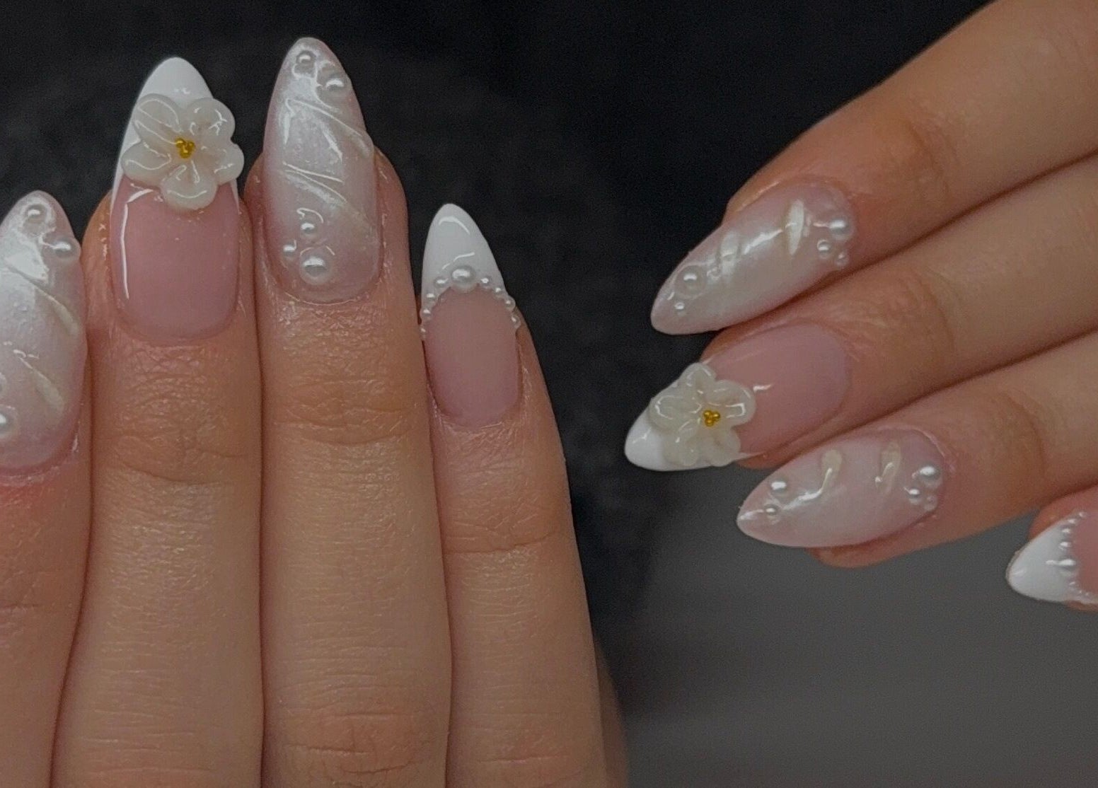Elegant nail art with floral accents at Gloss Nails (Leila Tunno) in Windsor Gardens, South Australia, AU.
