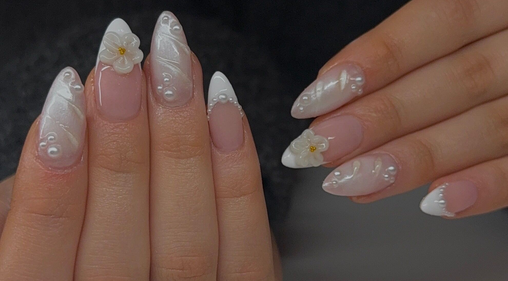 Elegant nail art with floral accents at Gloss Nails (Leila Tunno) in Windsor Gardens, South Australia, AU.