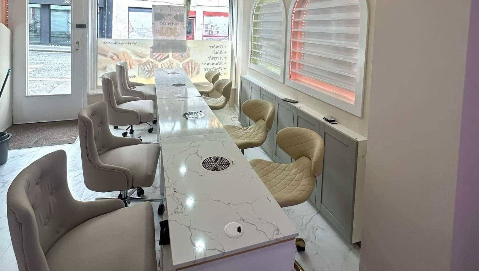 Stylish nail stations at Posh Nails Lurgan in Lurgan, Northern Ireland, GB, offering comfort and elegance.