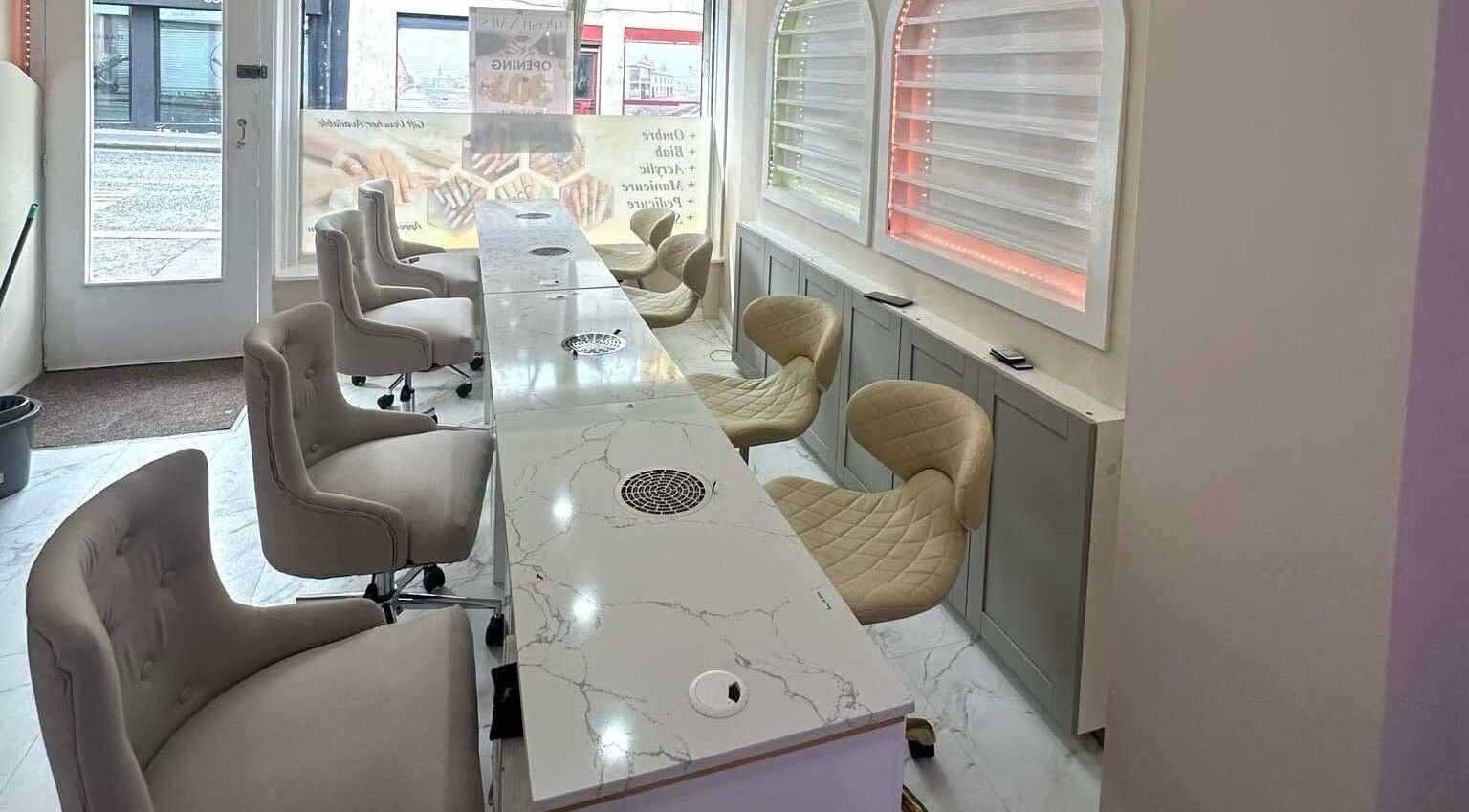 Stylish nail stations at Posh Nails Lurgan in Lurgan, Northern Ireland, GB, offering comfort and elegance.