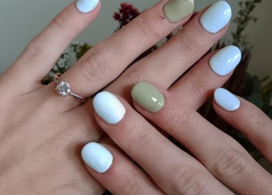 Stylish pastel nails featuring a silver ring at Hello Sunshine Beauty and Nails, Pietermaritzburg, Kwazulu-natal, ZA.