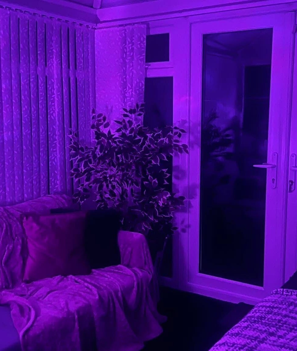 The Zen Den in Whitworth, England, GB features a serene room with purple lighting, plush seating, and a calming ambiance.