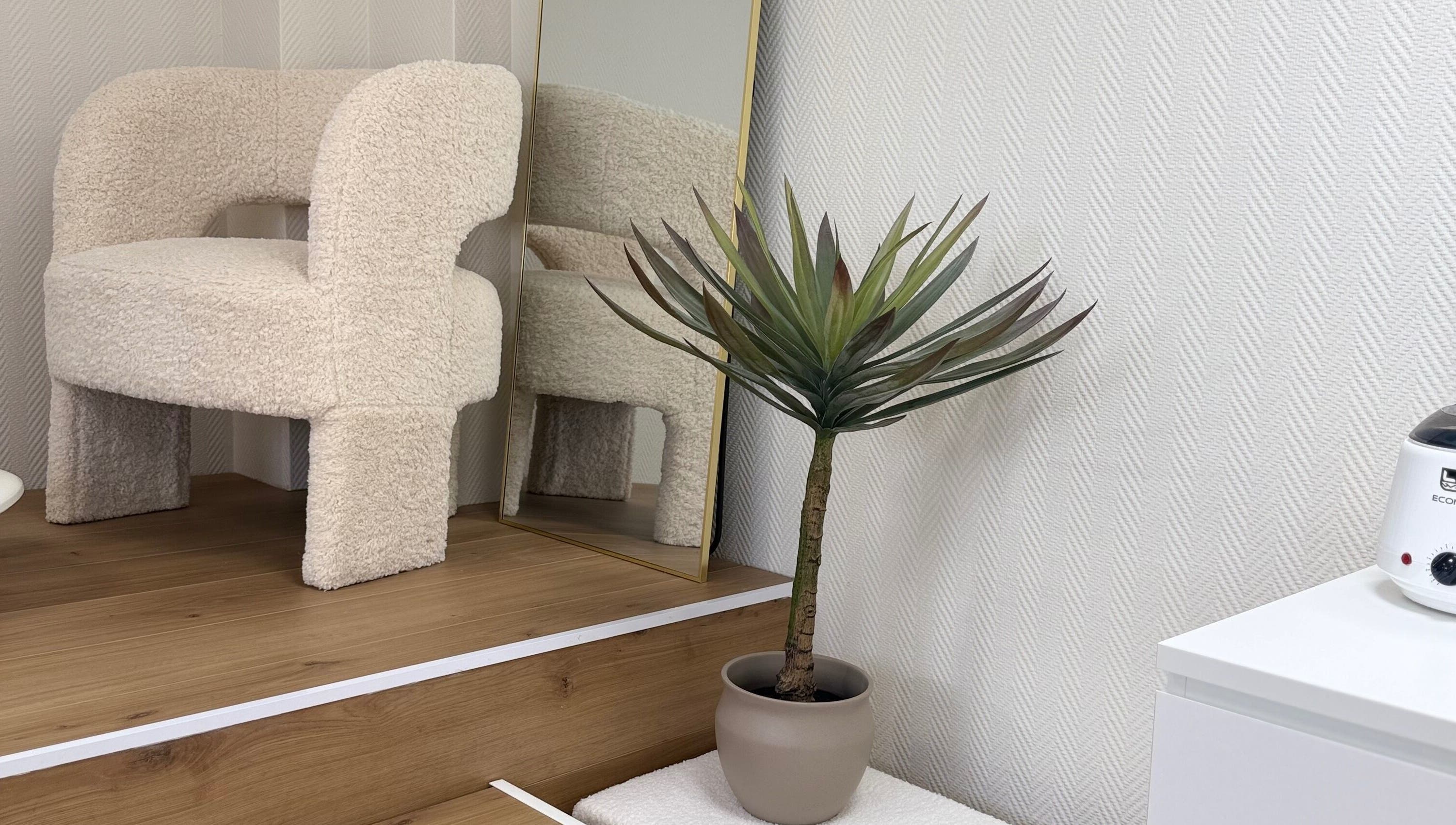 Intérieur chic chez Sa Esthetique, homecourt, Grand Est, FR avec fauteuil crème et plante luxuriante.