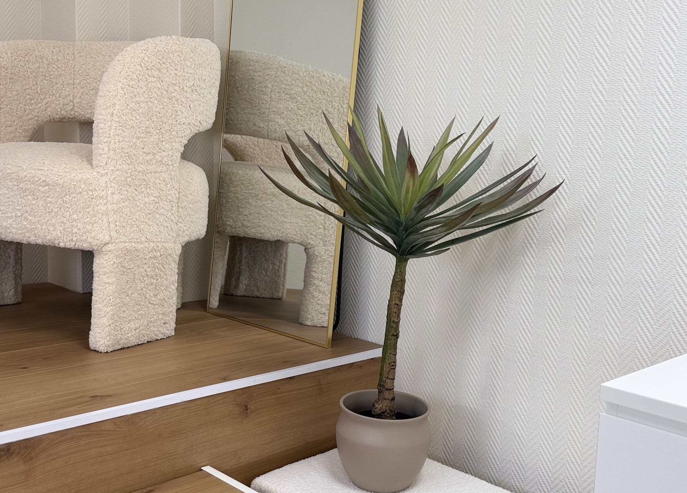 Intérieur chic chez Sa Esthetique, homecourt, Grand Est, FR avec fauteuil crème et plante luxuriante.