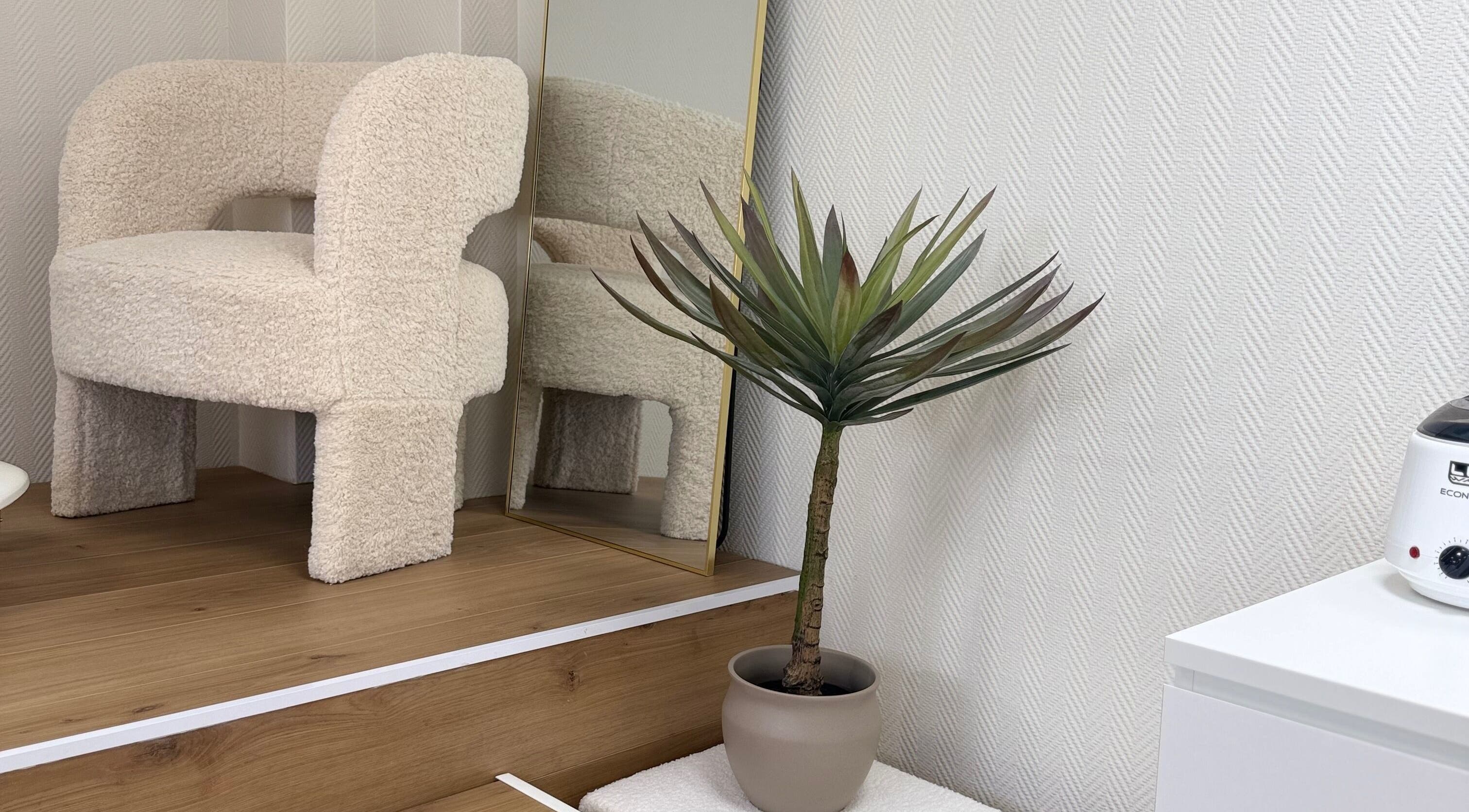 Fauteuil crémeux et plante à Sa Esthetique, homecourt, Grand Est, FR. Élégante décoration intérieure.