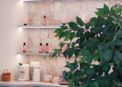 Tranquil spa corner with beauty products at The Luxe Hair Spa, Barcelona, Catalunya, ES.