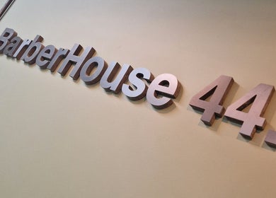 3D logo of BarberHouse44 at Letterkenny, County Donegal, IE on a modern wall.