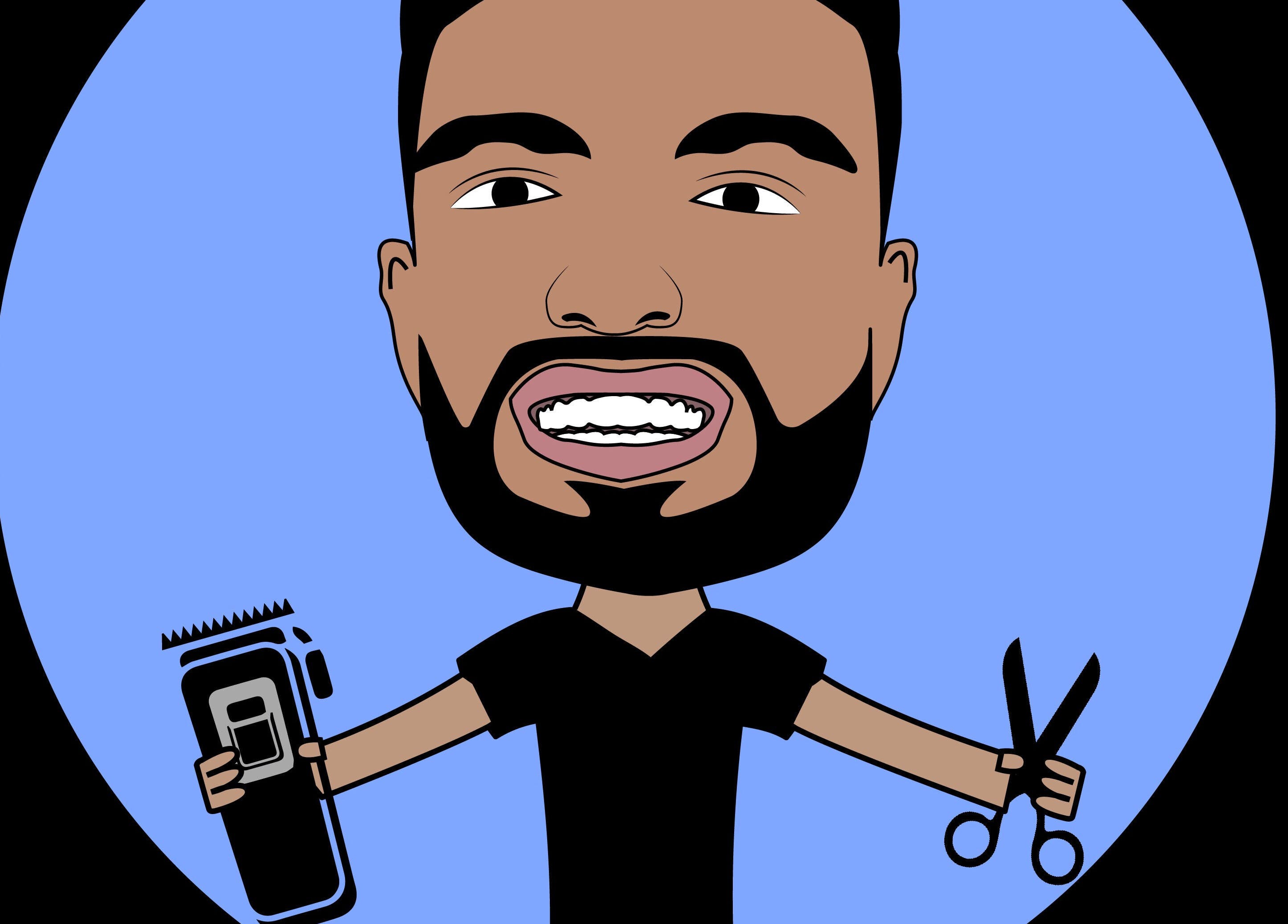 Speelse cartoon van kapper met scheerapparaat en schaar bij The Psychology Barber, Rijswijk, Zuid-holland, NL.