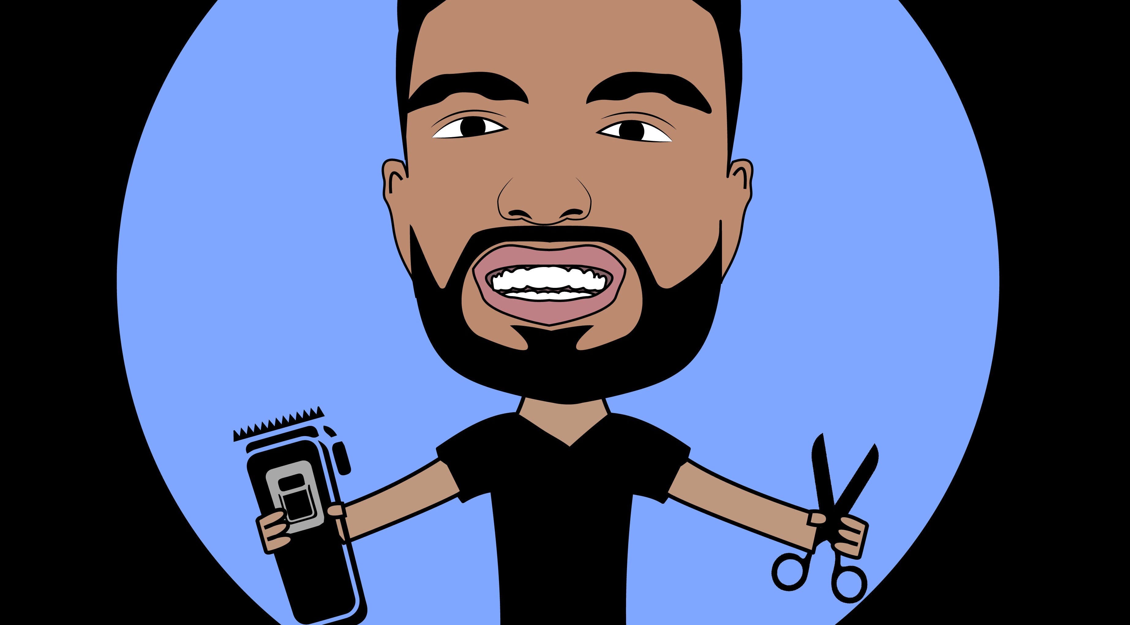 Speelse cartoon van kapper met scheerapparaat en schaar bij The Psychology Barber, Rijswijk, Zuid-holland, NL.