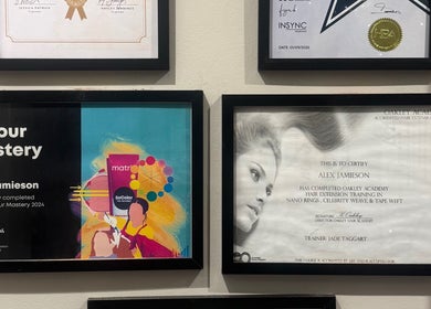 Certificates for Alex Jamieson Hairdressing at Knottingley, England showcasing expertise in color and extensions.