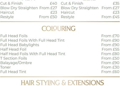 Hair services price list at Alex Jamieson Hairdressing, Knottingley, England, GB.