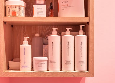 Beauty products on a shelf at Exquisite Brows and Spa Warringah Mall in Brookvale, New South Wales, AU.