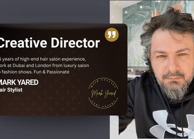 Creative director Mark Yared at Mark Yared Hair Stylist in Austin, Texas, US with text overlay.