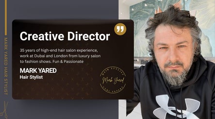 Creative director Mark Yared at Mark Yared Hair Stylist in Austin, Texas, US with text overlay.