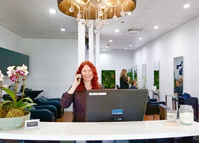 Welcoming reception at Imaj For Hair, Gympie QLD, Queensland, AU with chandelier and vibrant decor.