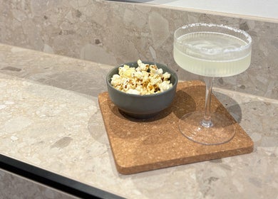 Elegant bowl of popcorn and margarita on a countertop at Hair with Amiee, Manoora, Queensland, AU.