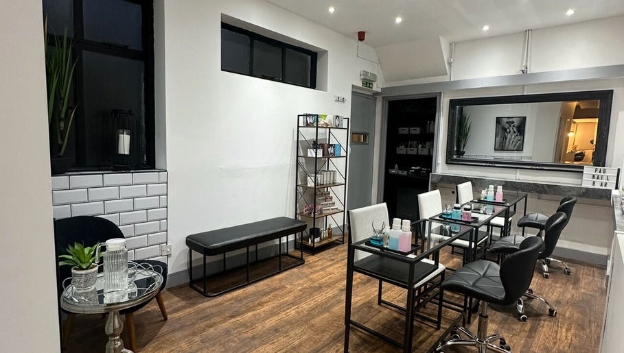 Sleek, modern nail studio at PAB, Newcastle upon Tyne, England, GB with polished decor and comfy seating.
