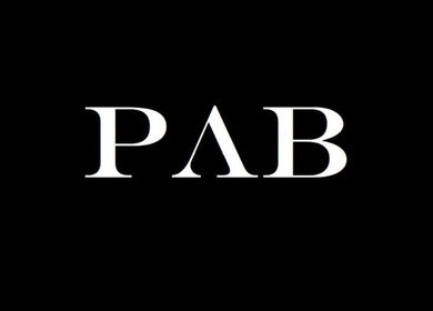 PAB's stylish logo on a black backdrop, Newcastle upon Tyne, England, GB.