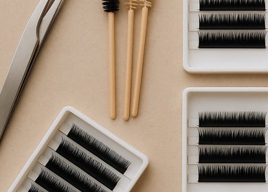 Eyelash extensions tools and trays at Refined by Leah, Manchester, England, GB.