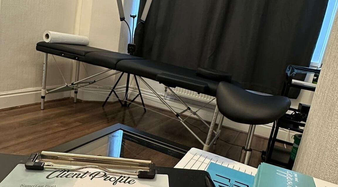 Therapy table and client profile setup at Studio 88, Cardiff, Wales, GB.
