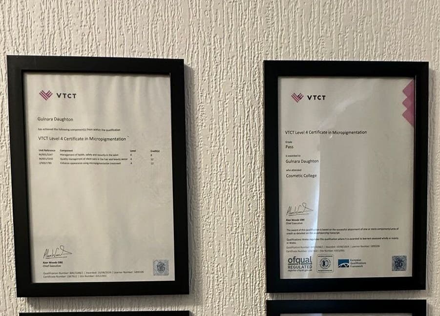 Framed VTCT certifications displayed at Studio 88 in Cardiff, Wales, GB epitomizing professional accreditation.