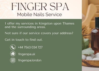 Finger Spa Mobile Nail Service ad with serene elements in Kingston Upon Thames, England, GB.