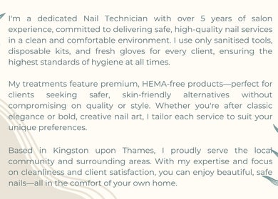 Finger Spa Mobile Nail Service in Kingston Upon Thames offers hygiene-focused, HEMA-free nail care by expert technician.