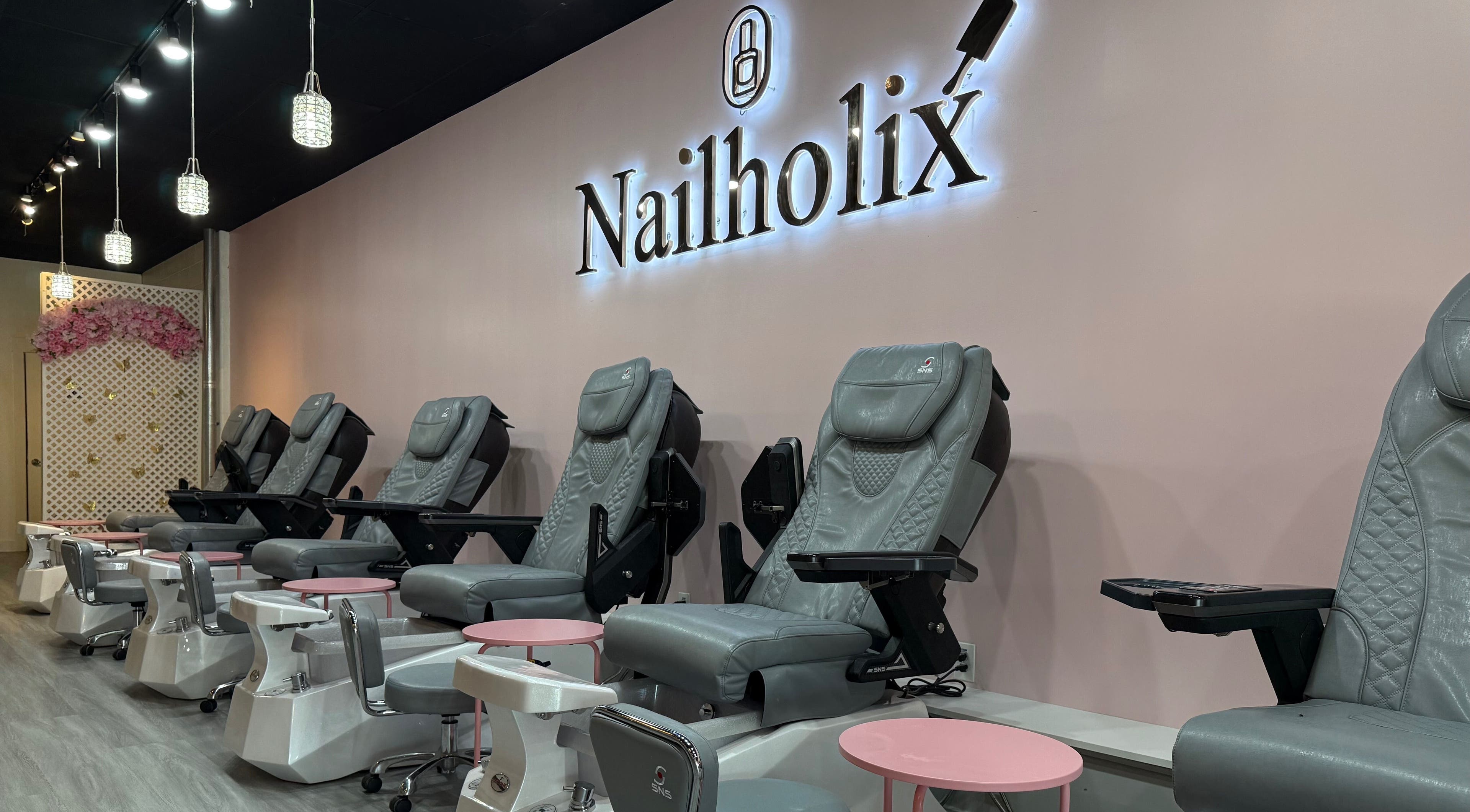 Elegant nail lounge seating at Nailholix Dublin Nail Lounge in Ohio, Ohio, US.