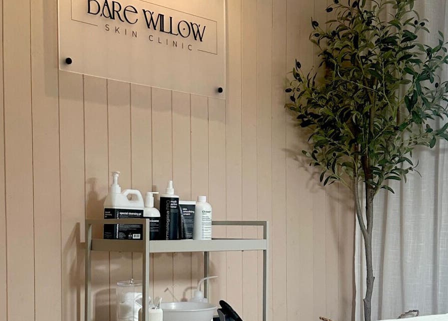 Bare Willow Skin Clinic in Hinckley, England, GB, displaying a serene skincare station with lush potted plant.