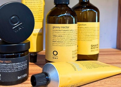 Oway beauty products at NU WAVU STUDIO, Bangalow, New South Wales, AU displayed on a shelf.