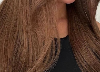Sleek chestnut hair styled at HAUS OF BLONDE, Poway, California, US.