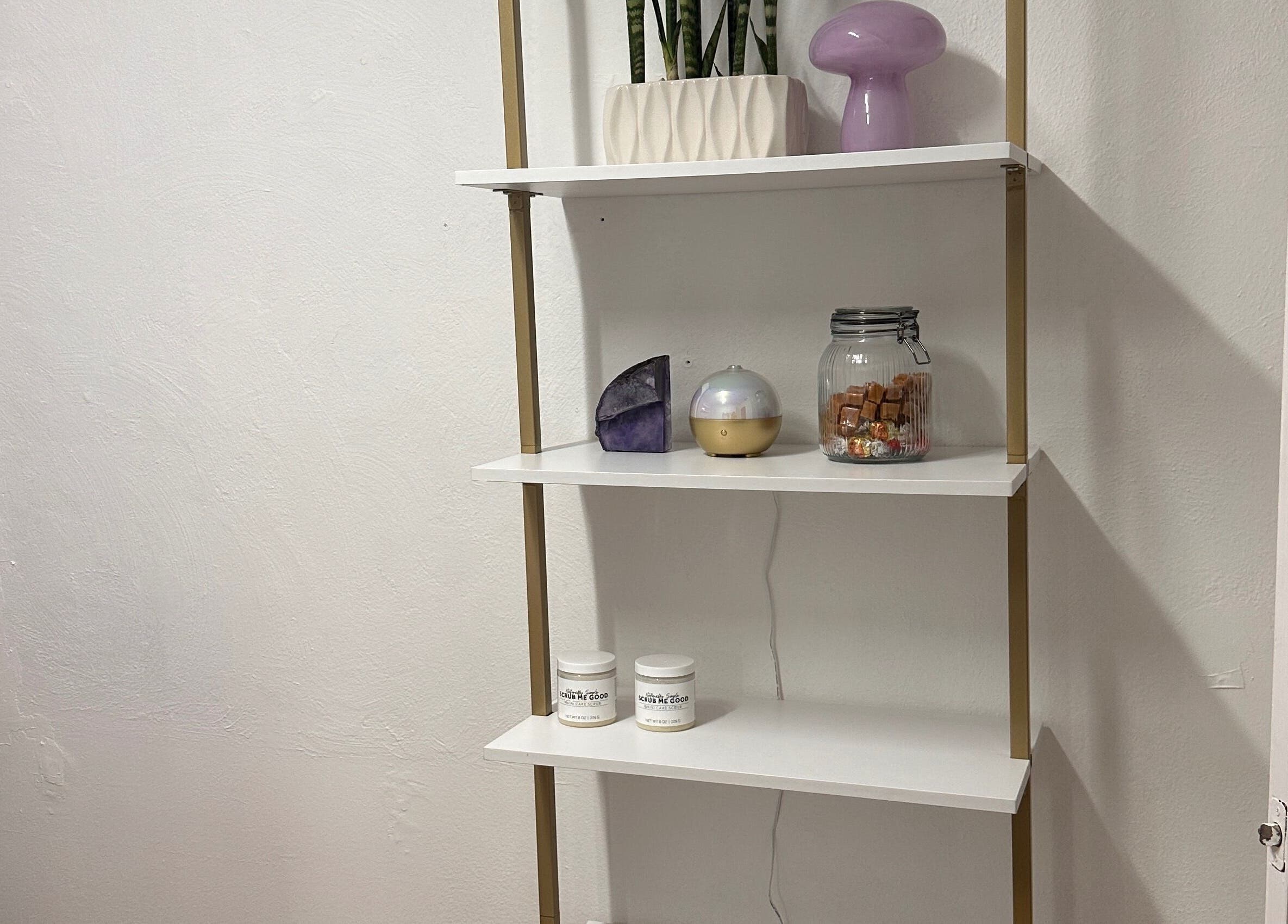 Chic shelves at Waxing by Ana Spadeto with decor, Pompano Beach, Florida, US.