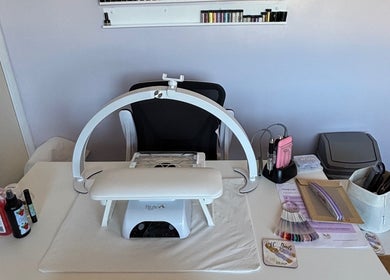 Nail work station at EHC_Nails, Leicester, England, GB, featuring tools and equipment in a modern setting.