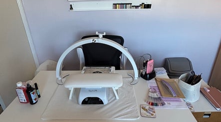 Nail work station at EHC_Nails, Leicester, England, GB, featuring tools and equipment in a modern setting.