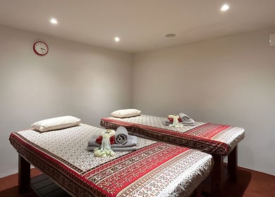 Luxurious massage room with twin beds at Even Thai Spa, London, England, GB.