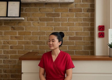 Woman in red uniform meditating at reception of Even Thai Spa in London, England, GB, enhancing relaxation vibe.