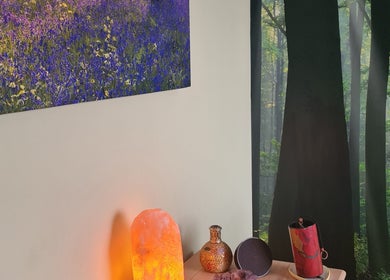 Peaceful room at Offas Dyke Reflexology and holistic therapies, Trefonen, England, GB with lavender art and salt lamp.