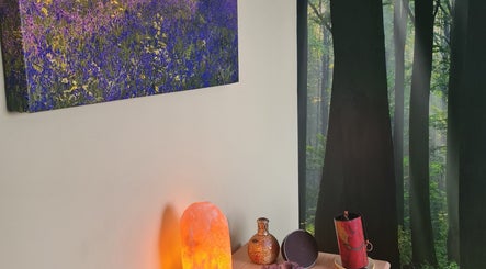 Peaceful room at Offas Dyke Reflexology and holistic therapies, Trefonen, England, GB with lavender art and salt lamp.