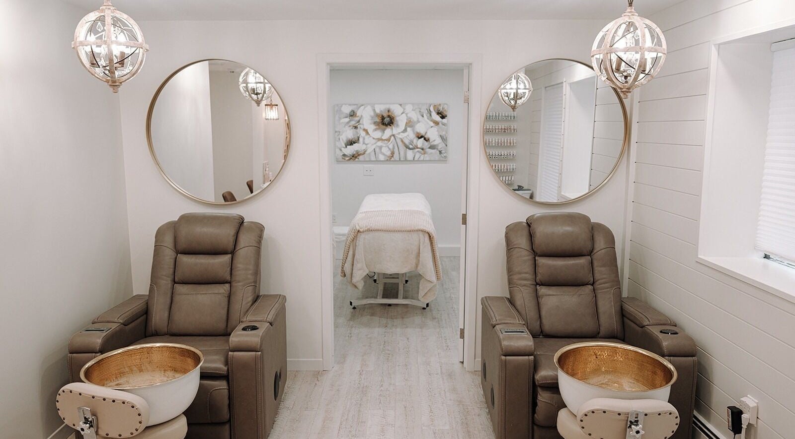 Relaxing spa chairs with pedicure bowls at Breathe Easy Spa Boutique, Callander, Ontario, CA.