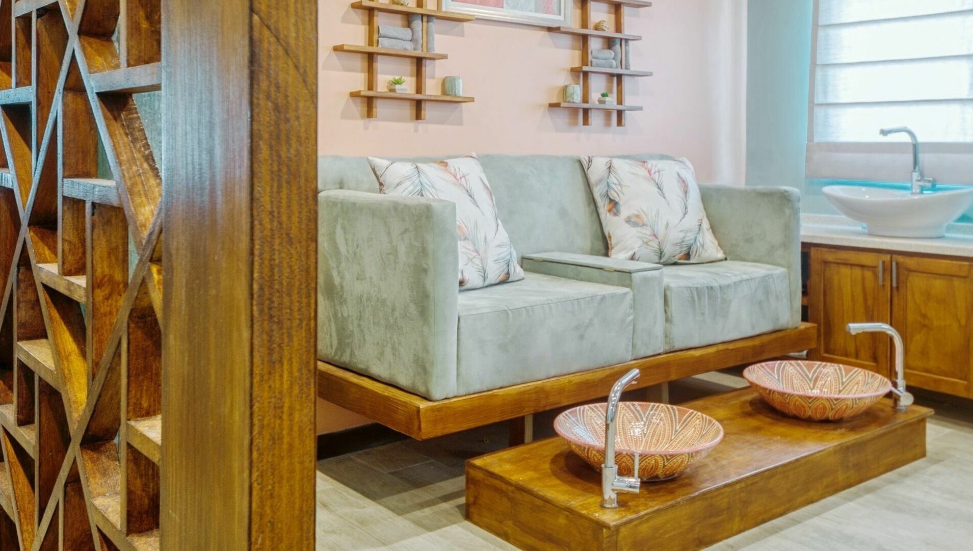 Relaxing spa lounge at REFLECTIONS SPA BARBADOS in Bridgetown, Christ Church, BB with plush seating and foot spa.