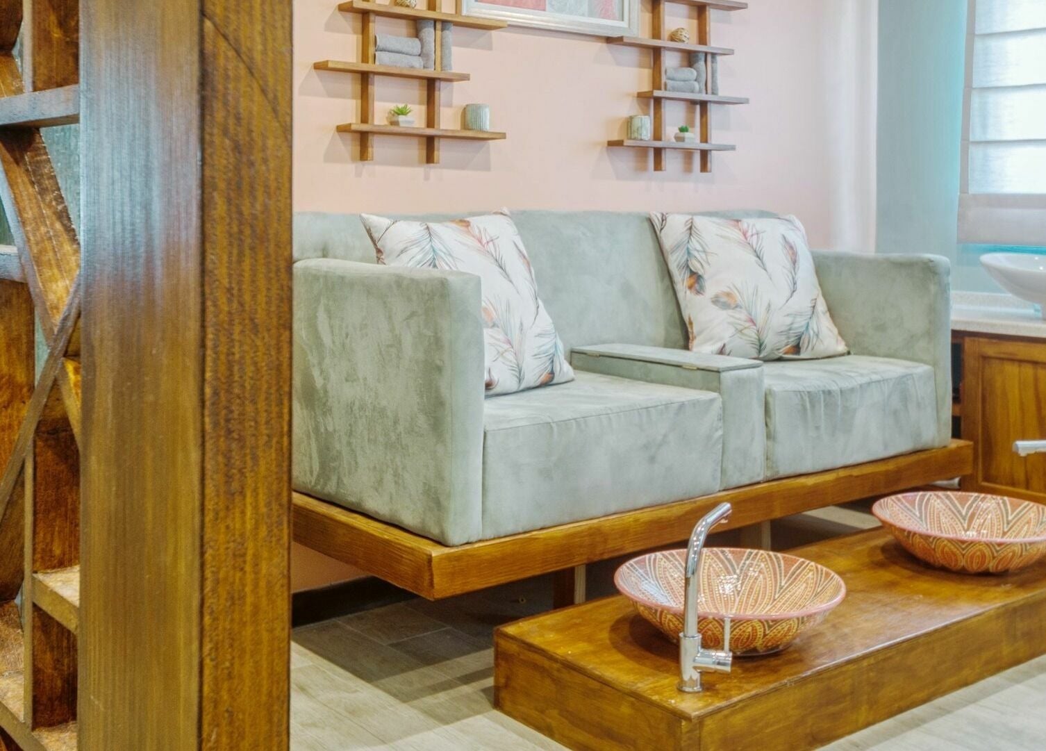 Relaxing spa lounge at REFLECTIONS SPA BARBADOS in Bridgetown, Christ Church, BB with plush seating and foot spa.