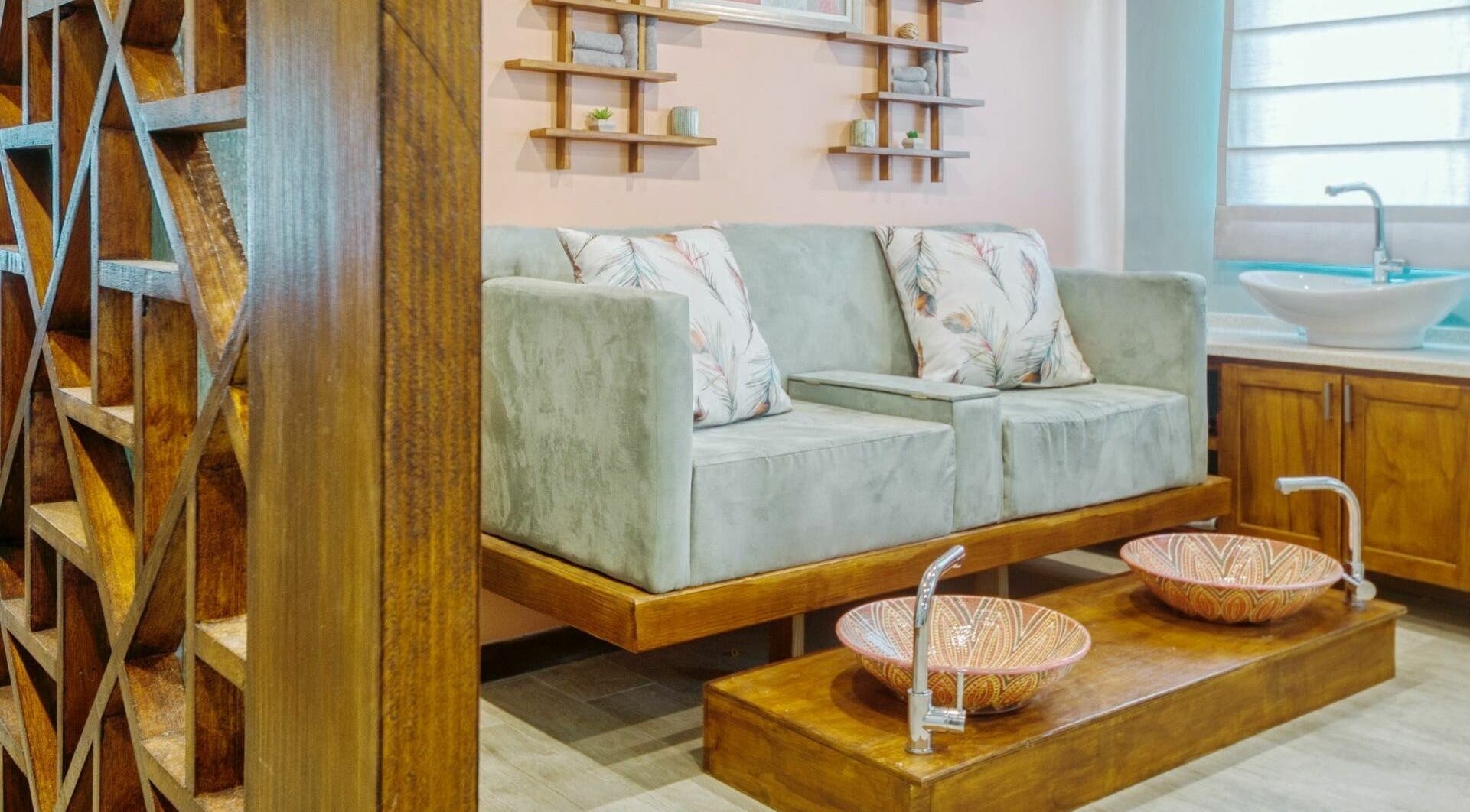 Relaxing spa lounge at REFLECTIONS SPA BARBADOS in Bridgetown, Christ Church, BB with plush seating and foot spa.