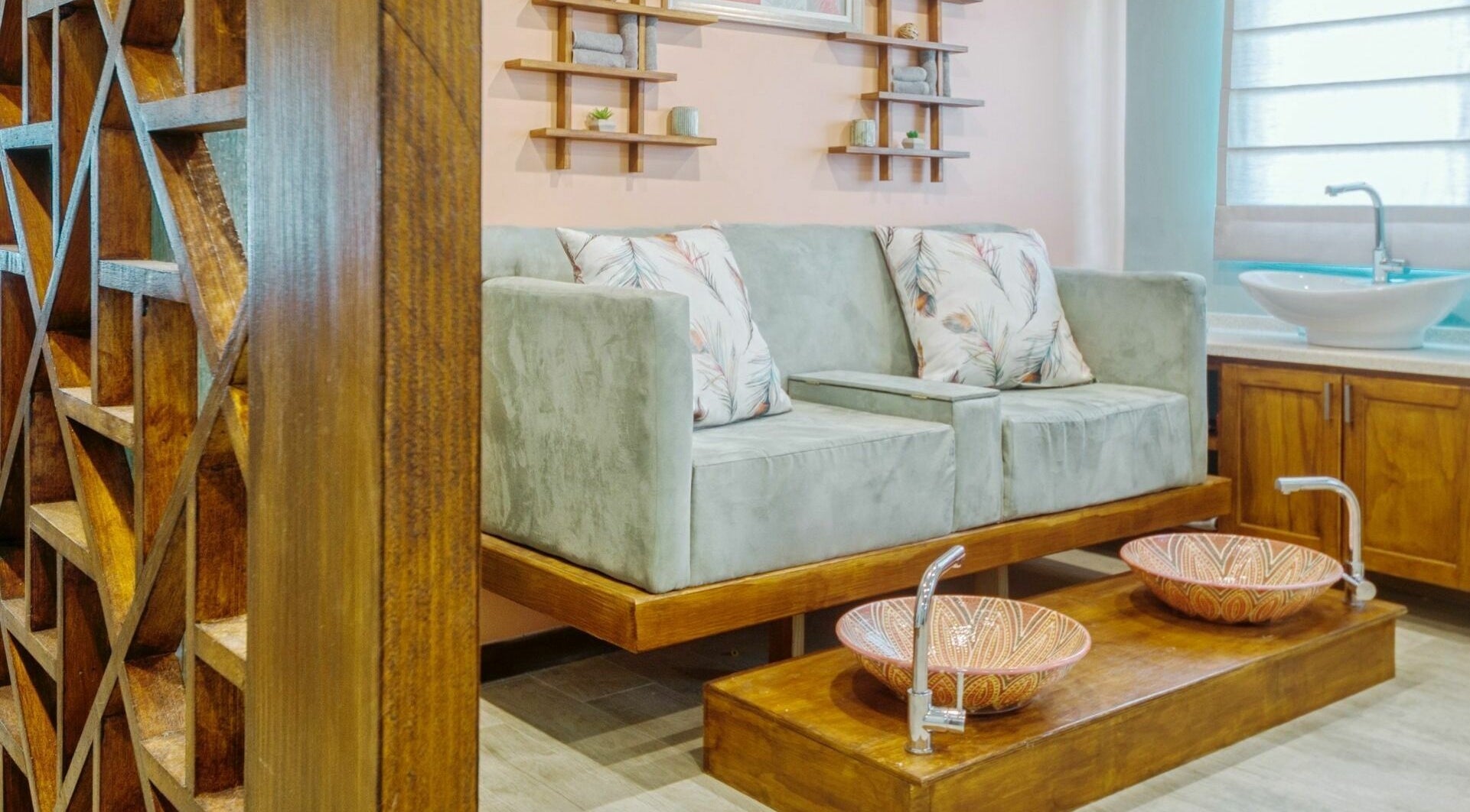 Relaxing spa lounge at REFLECTIONS SPA BARBADOS in Bridgetown, Christ Church, BB with plush seating and foot spa.