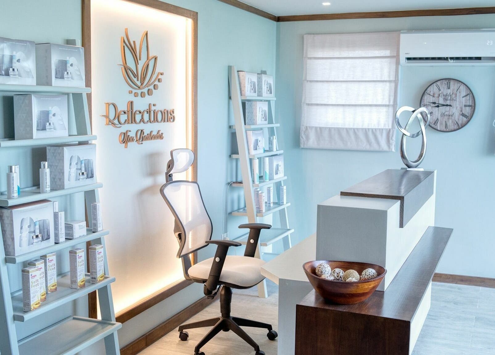 Bright reception area of Reflections Spa Barbados in Bridgetown, Christ Church, BB showcasing wellness products.