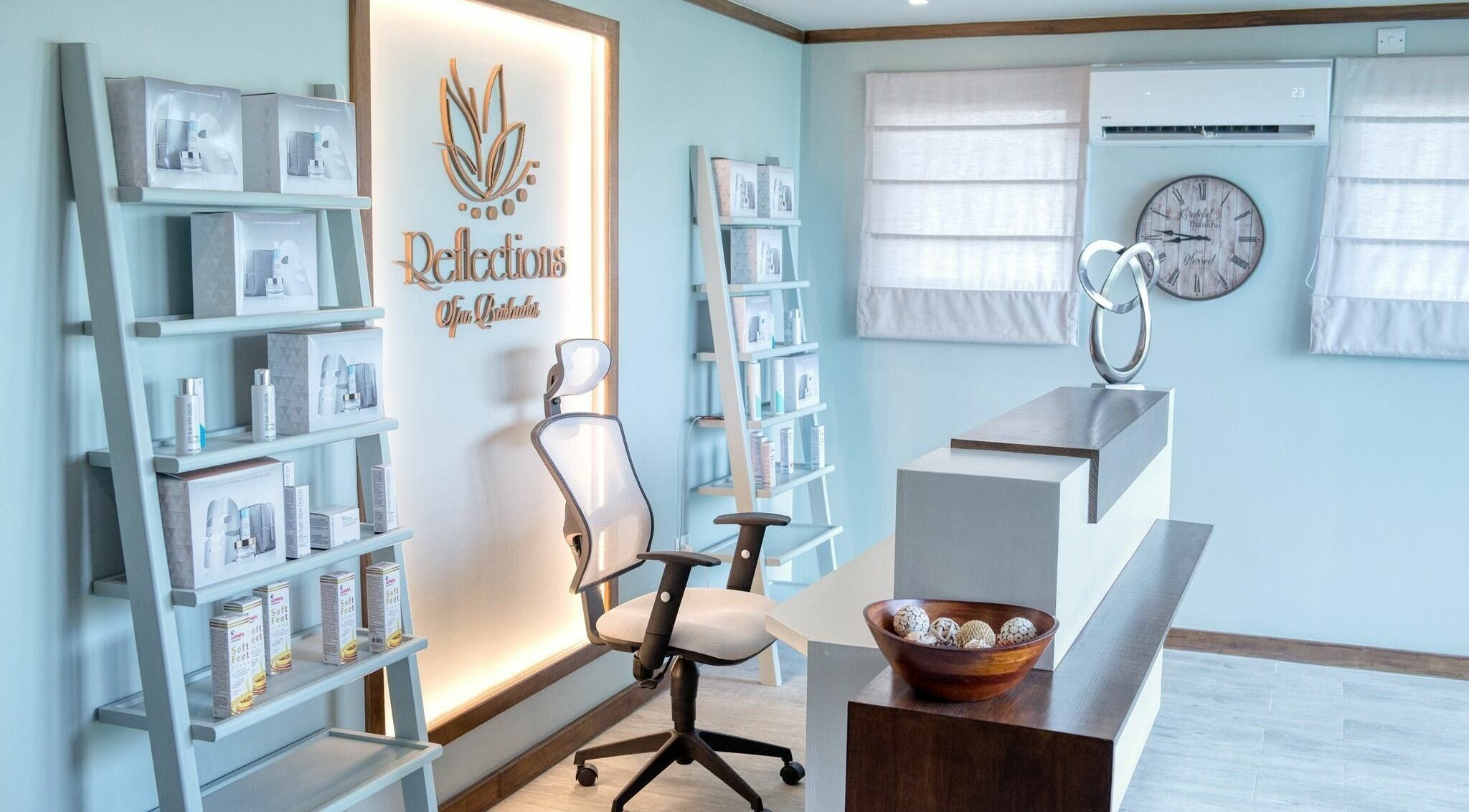 Bright reception area of Reflections Spa Barbados in Bridgetown, Christ Church, BB showcasing wellness products.