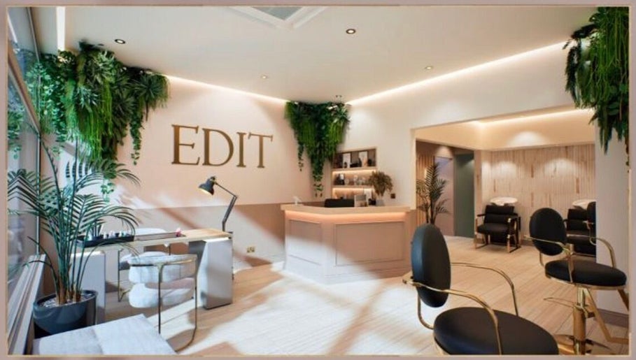 Interior of Hair by Stephanie Shaffi in Birmingham, England, GB. Modern decor with seating and lush greenery.